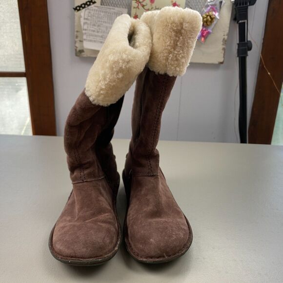UGG Karyn Cuffed Suede Sheepskin Boots Womens 7 Brown Mid Calf - Picture 4 of 15